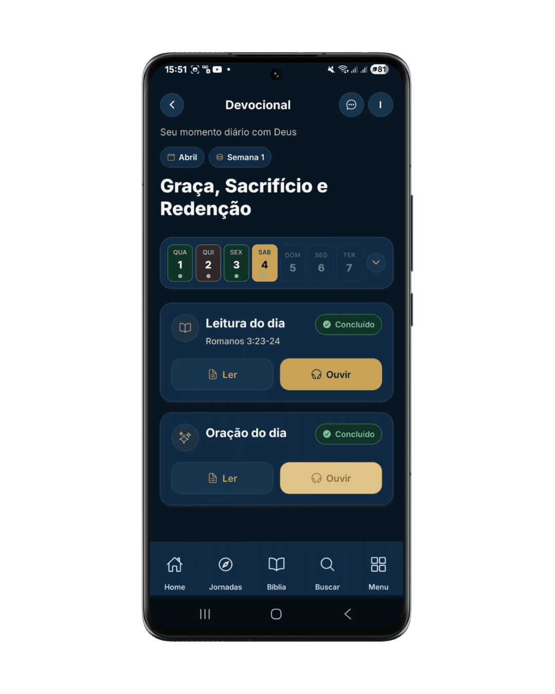 Tela de devocional no aplicativo Evangelho em áudio